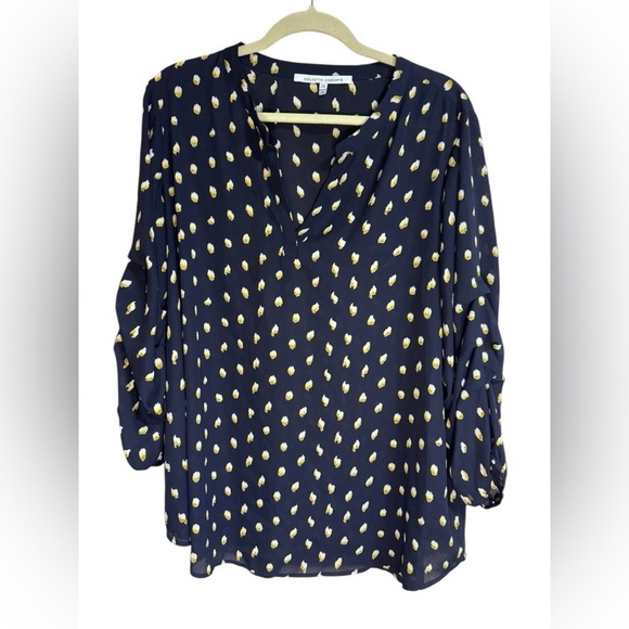 Collective Concepts Tops - Collective Concepts Blue Relaxed Blouse with White and Yellow Pattern - 2X